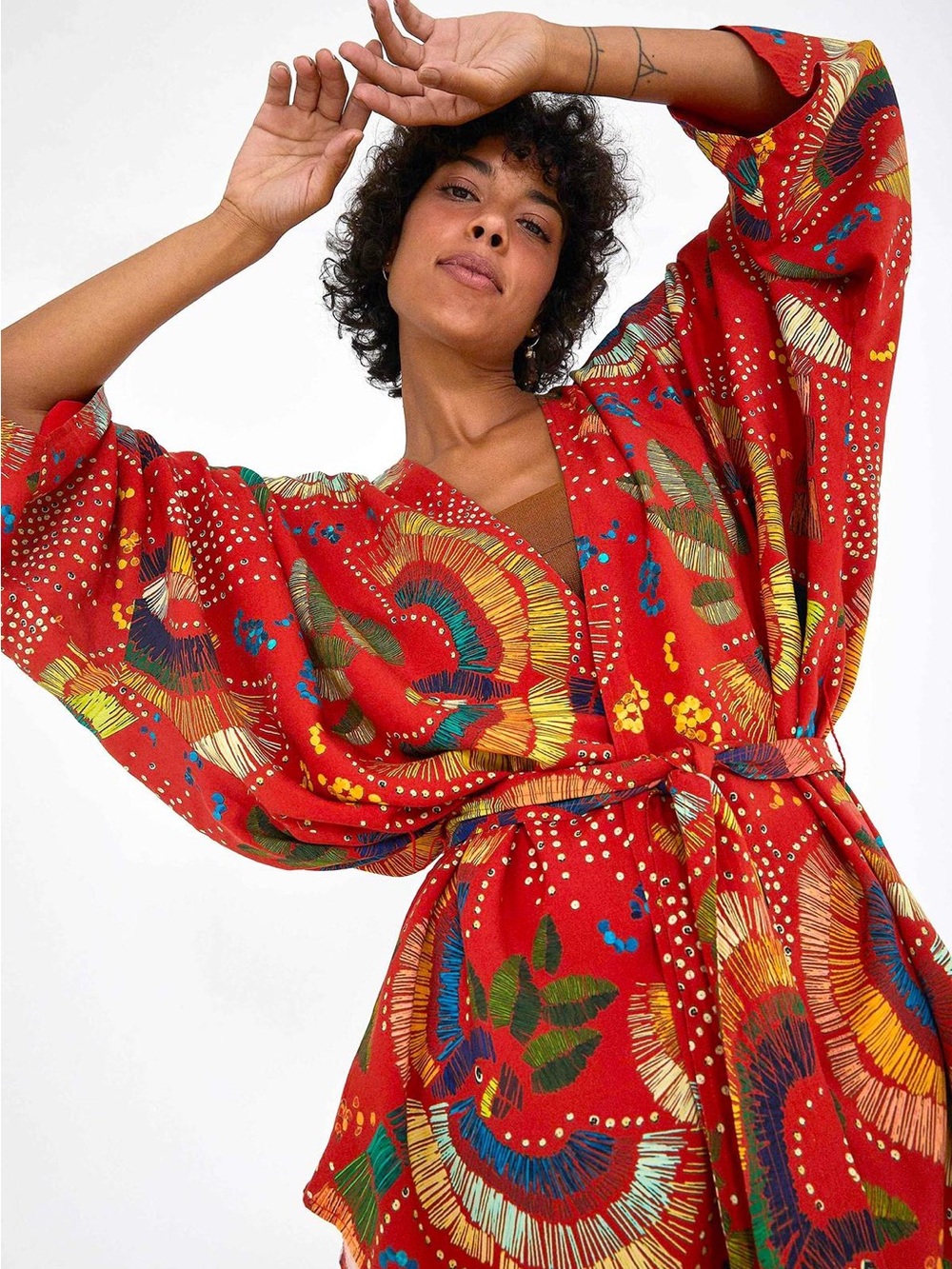 NWT Farm Rio Reversible Red Macaw Fan-Print Wrap Kimono with Multi colors